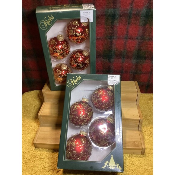Krebs Glass Christmas Ornaments Red /Velvet Balls With Floral Glitterlace 8 - Picture 1 of 9